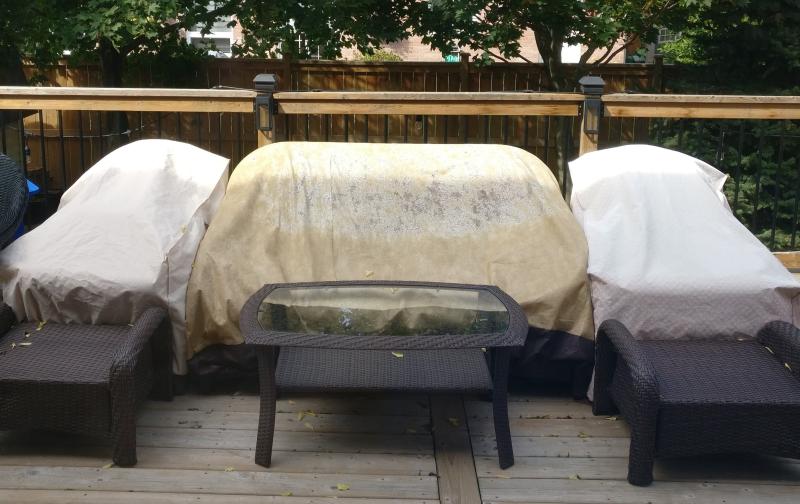 Provides NO water protection and I have tiny particles of the cover ALL over my expensive patio furniture. The 2 chairs on either side have covers that have been used through 3 seasons.  We do NOT leave our furniture out all winter either.  NO EXCUSE !!!!