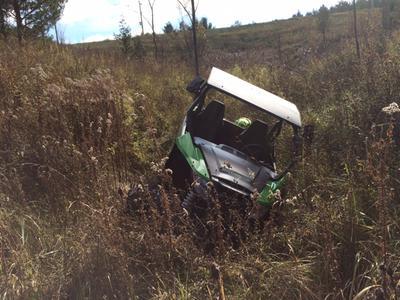 In the weeds. Its hard to see but both left tires were deep in a rut.