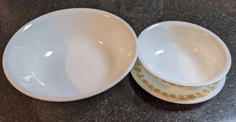 New Corelle serving bowl on left in picture