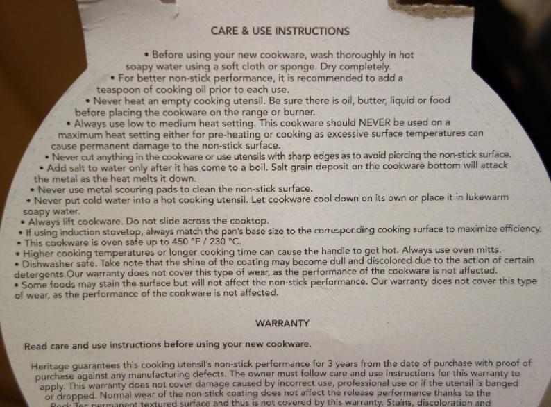 Instructions that came with the pan