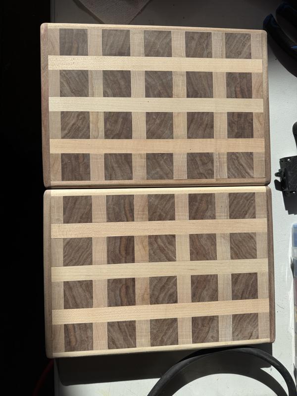 Black walnut stairs with maple inlays, walnut and maple cutting boards