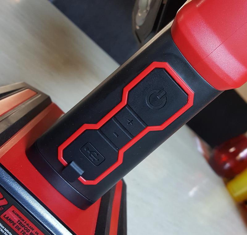 Power, brightness level adjustment and USB-C charging port for device plus USB out for charging external device.