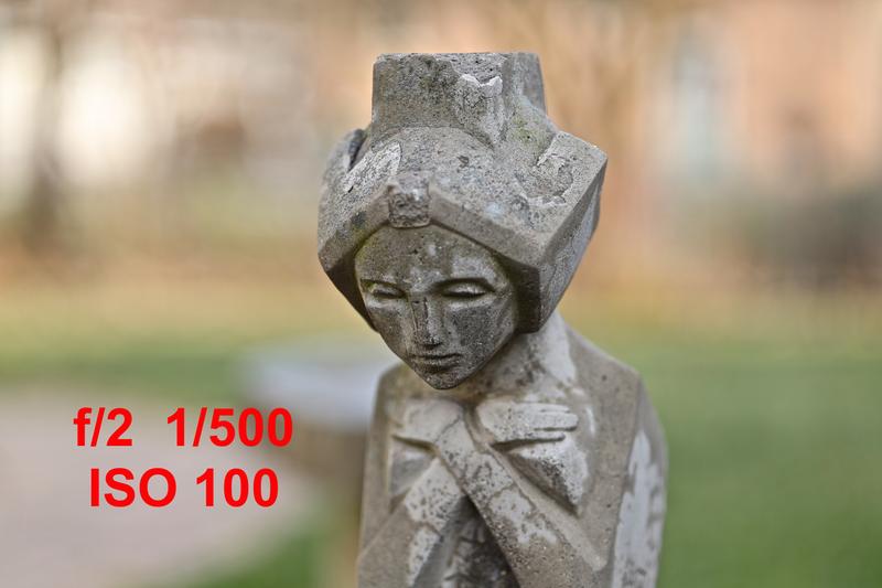 f/2 Wide open, smooth bokeh, DOF +/- 3 inches