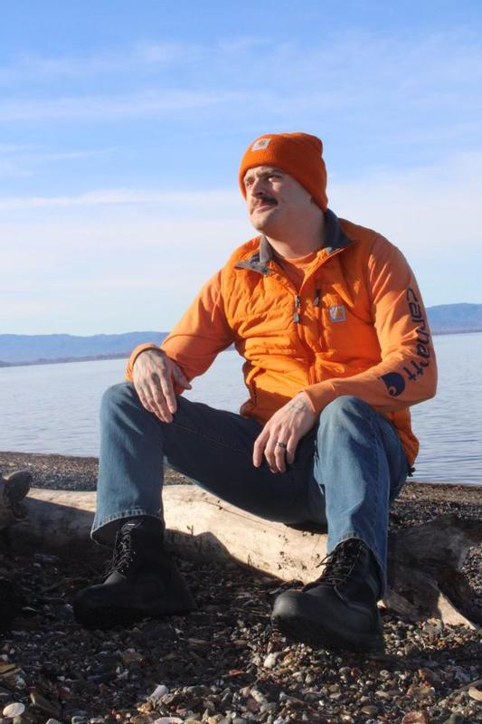 Carhartt force 5" sneaker boot black paired with marmalade vest,shirt,and beanie.