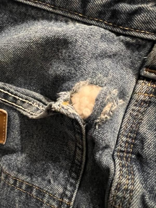 This happened to the right rear pocket on about 7 of 10 pair I bought.