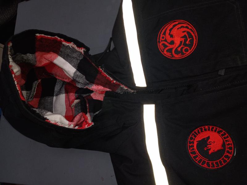 Added hoodie interior warmer flannel. Reflect strip and a cool patch or two.