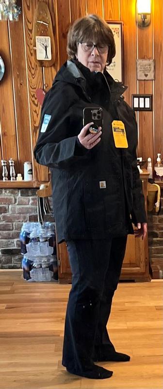 Carhartt Storm Defender, black, Size XL- 16/18.  Model is 5'5", 191 lbs.