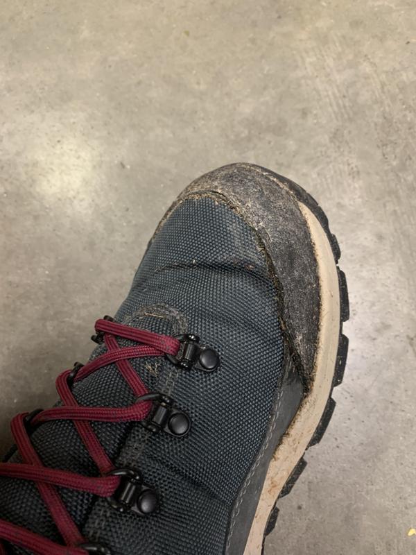 Water leaking from dark spot at toe crease and along toe guard