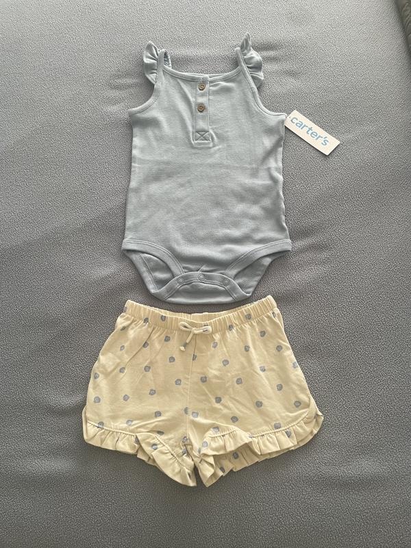 Baby 2 Piece Tank Bodysuit & Shell Print Pull On Short Set
Blue/Ivory