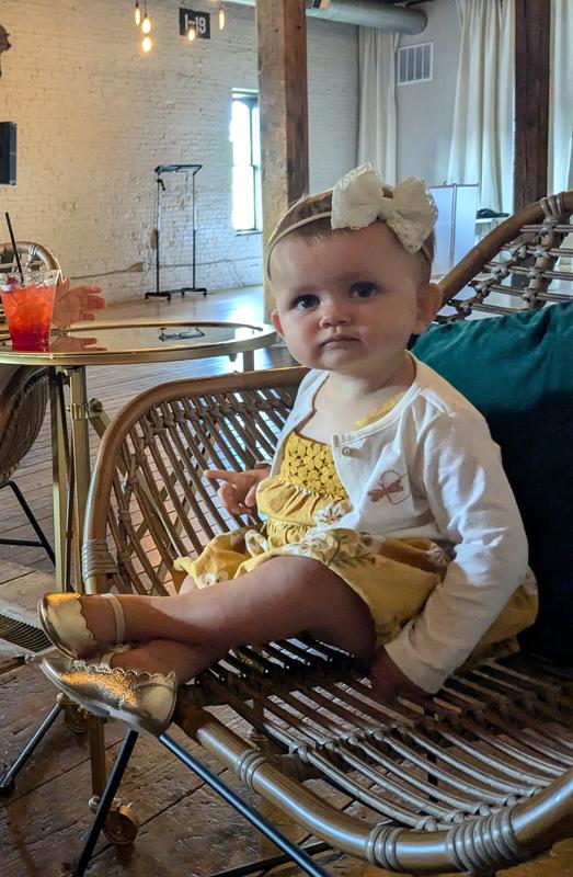 Only pic with the shoes on! They spent the rest of the night in the diaper bag