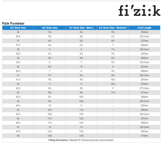 Fizik shoe size deals chart