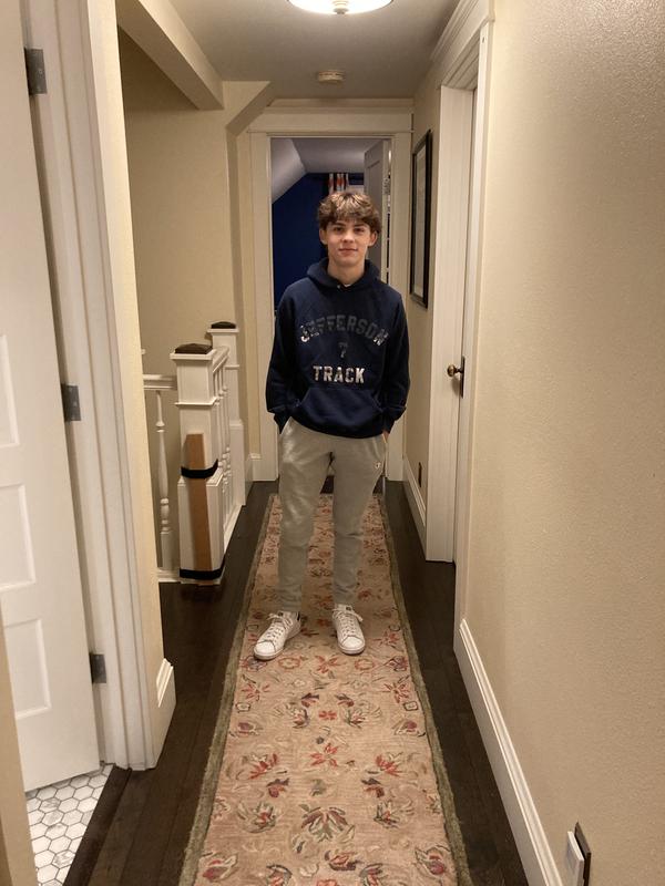 My son modeling his first pair of reverse weave joggers.