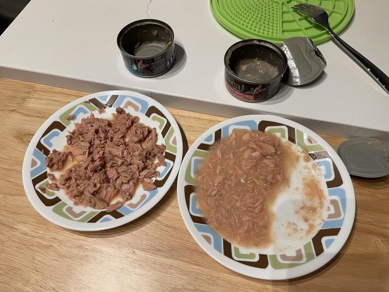 Cat food with broth on the left, cat soup on the right