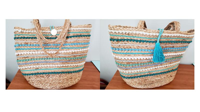 Chico's store Blue Striped Woven Beach Bag