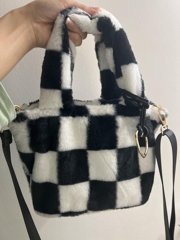 Black & White Checkerboard Furry Crossbody Tote Bag