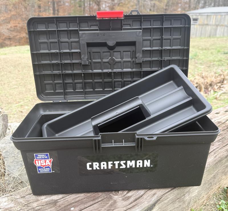 craftsman tackle box Tool Box, Lockable, 13 in., Red/Black (CMST13004) Tools stay organized and easy to find in three shallow drawers and a deeper storage area under the lid Sport King, USA antique metal