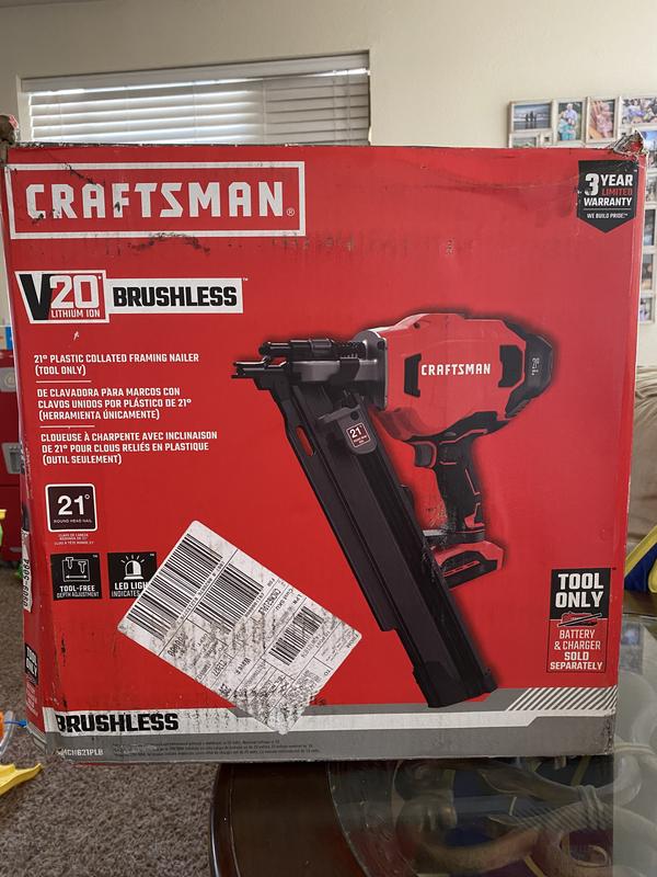 Craftsman V20 Brushless Cordless 21 Degree Framing Nailer, Tool Only (CMCN621PLB)