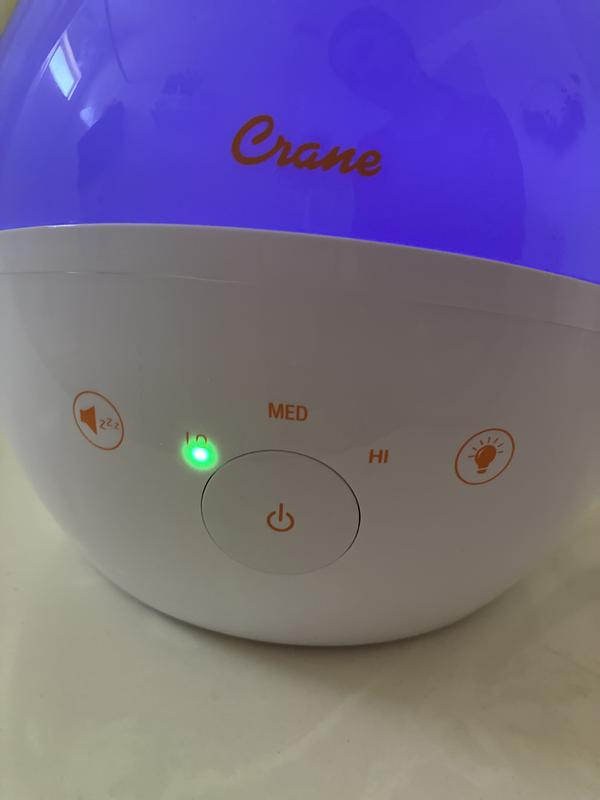 When you press power button, lights up over low/med/high setting but turns light off after a couple seconds so there’s no unwanted bright light all night