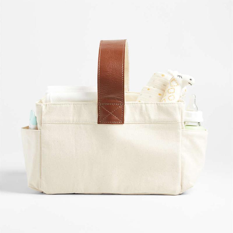 Canvas Diaper Caddy Organizer with Brown Leather Handle Crate Kids