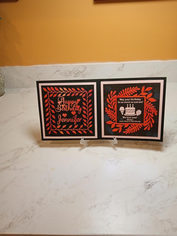 Birthday card.  It is a 6.75X6.75 , large for a card, but needed to make it that large for the intricate design to be able to weed.  I thought it turned out beautiful!