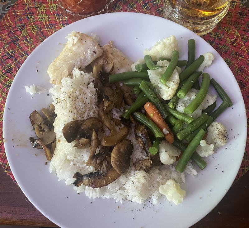Fish dinner, mushrooms and vegetables on rice. 14 minutes total.