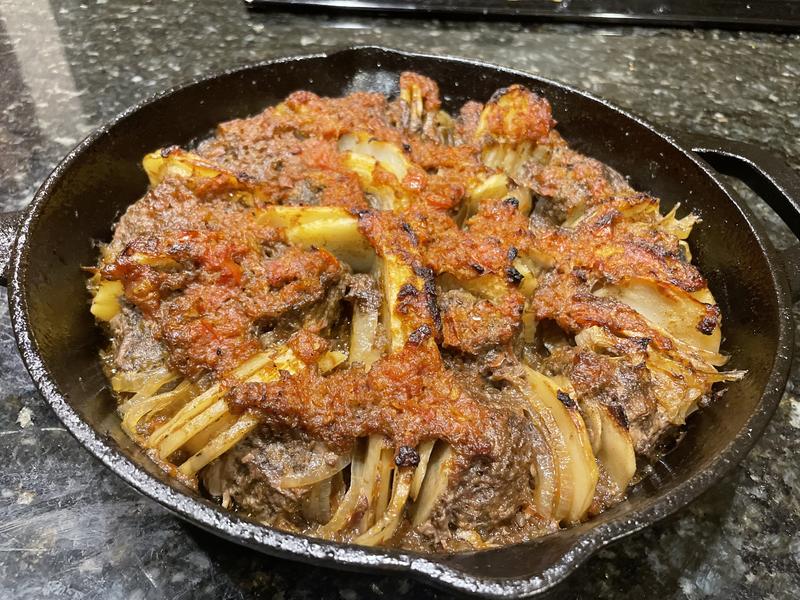 The kofta along with the sliced potatoes and onions - all thanks to the food processor.