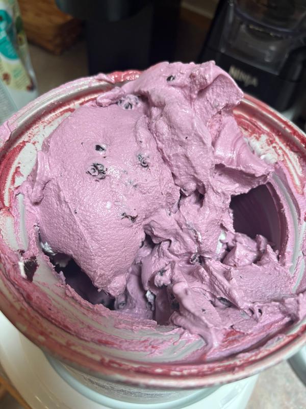 peach and huckleberry ice cream made with fresh fruit.