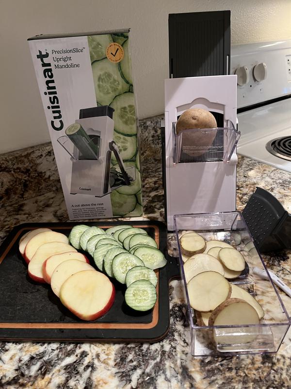 Showing thick and thin slices of cucumber, apple and potatoes.