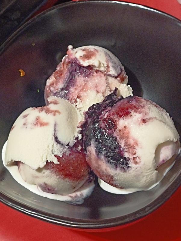 Strawberry and Blueberry Ripple... add the ripple after emptying the base ice-cream, then add fruit in layers.