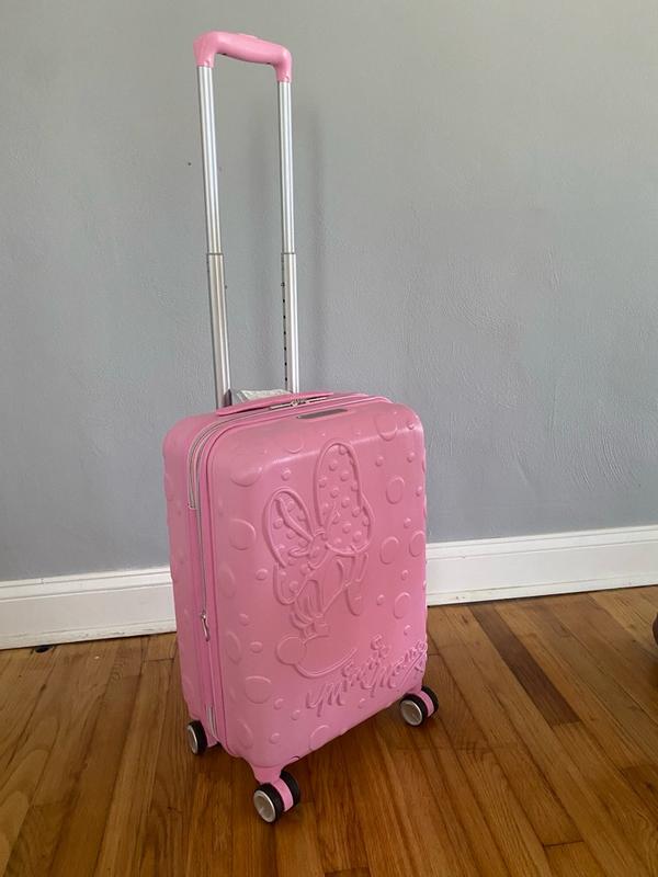 Customer photo for "Adorable, roomy, well-made Minnie Mouse suitcase with great organization and smooth-rolling wheels!"