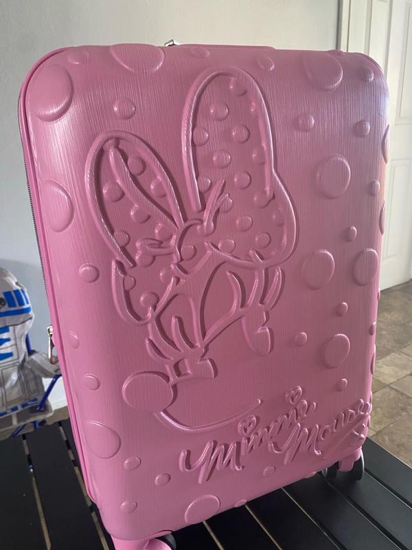 Customer photo for "Adorable, roomy, well-made Minnie Mouse suitcase with great organization and smooth-rolling wheels!"
