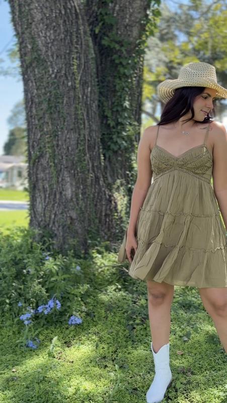 american eagle green babydoll dress AE V-Neck Tiered Mini replace-20260826