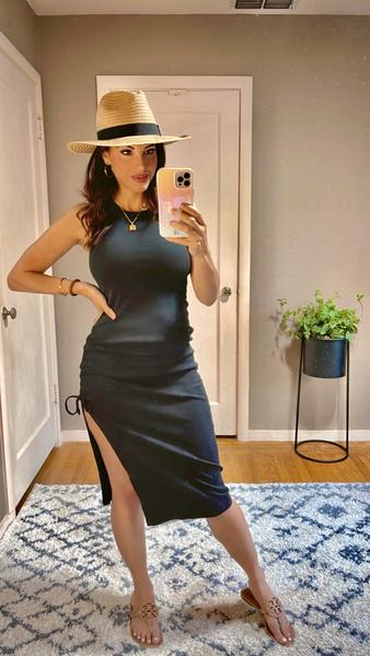strapless open back dress Long Sleeve Scoop Neck Sweater Midi Dress  bebe