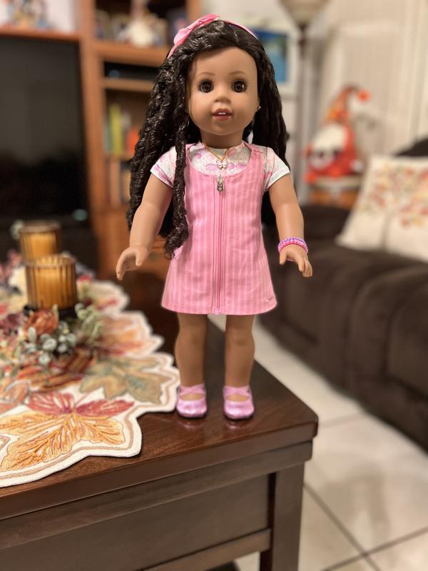 American Girl Truly Me 18-inch Doll #123 with Brown Eyes, Black-Brown  Tendrils, Deep Skin, Camo T-shirt Dress, For Ages 6+