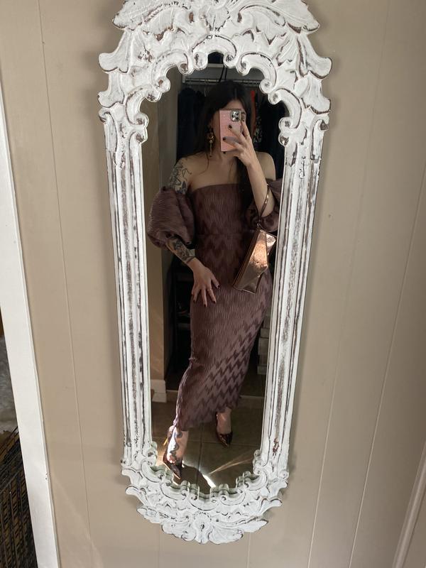 l'ide du cap off-the-shoulder puff-sleeve pleated column midi dress L'IDE Du Cap Off-The-Shoulder Puff-Sleeve Pleated Column Midi Dress