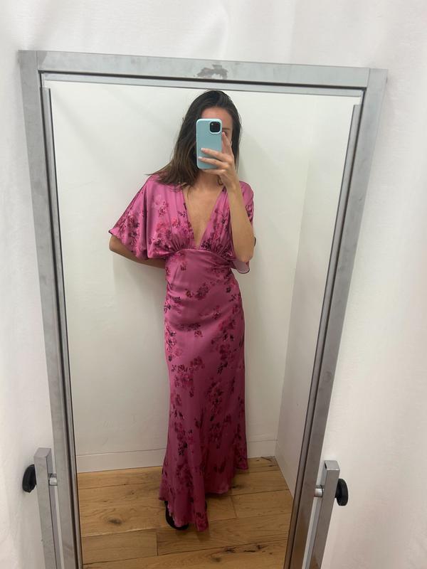 BHLDN Amelia Deep-V Flutter-Sleeve Satin A-Line Gown