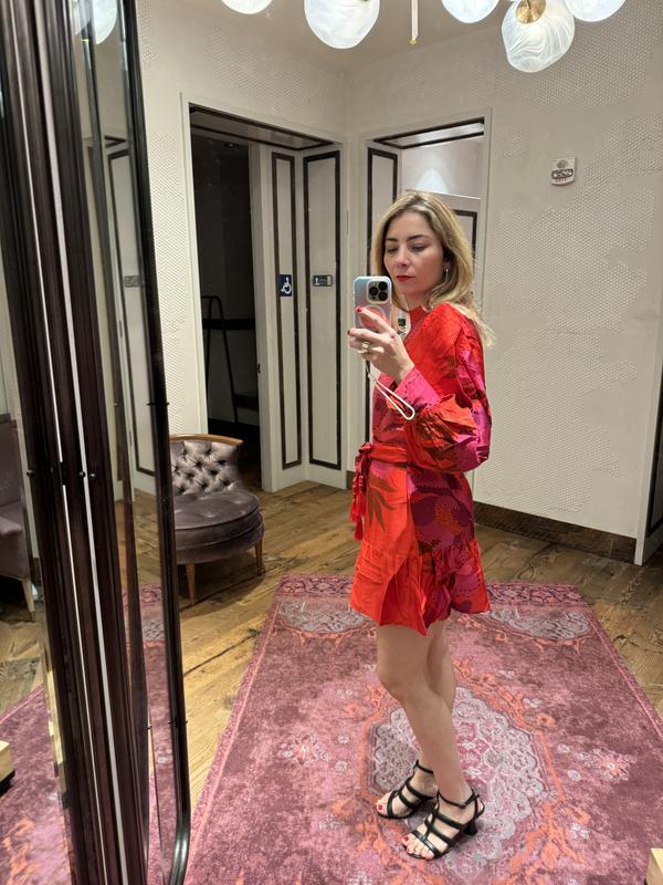 red peony long sleeve mini dress Farm Rio Peony Long-Sleeve Tie-Waist Mini Dress