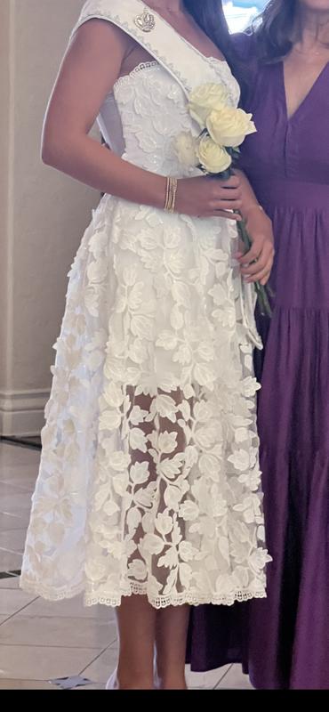 sleeve lace midi dress Just Me Ruffle Sleeve Lace Sheath Dress - Brands We Love - SMALL / WHITE