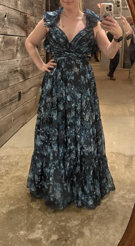 mac duggal ruffle-sleeve v-neck tiered chiffon maxi dress Mac Duggal Ruffle-Sleeve V-Neck Tiered Chiffon Maxi Dress