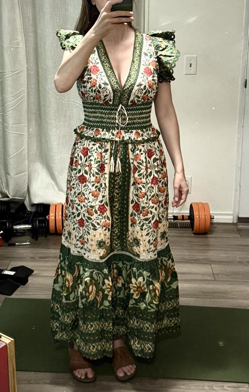 farm rio winter tapestry v-neck maxi dress Sand Winter Tapestry V Neck Maxi Dress  FARM Rio