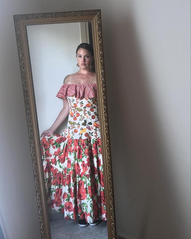 maeve off the shoulder mixed print midi dress Maeve Off-the-Shoulder Mixed-Print Midi Dress