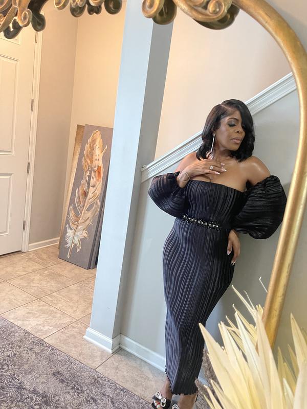l'ide sirene off-shoulder puff-sleeve pleated midi column dress Sirene Dress by L'IDE