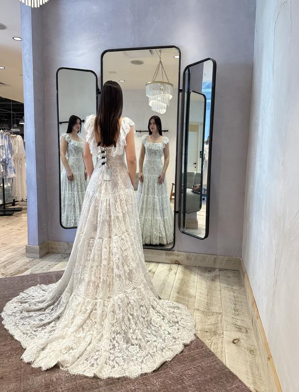 RISH Lauren Square-Neck A-Line Tiered Lace Wedding Gown