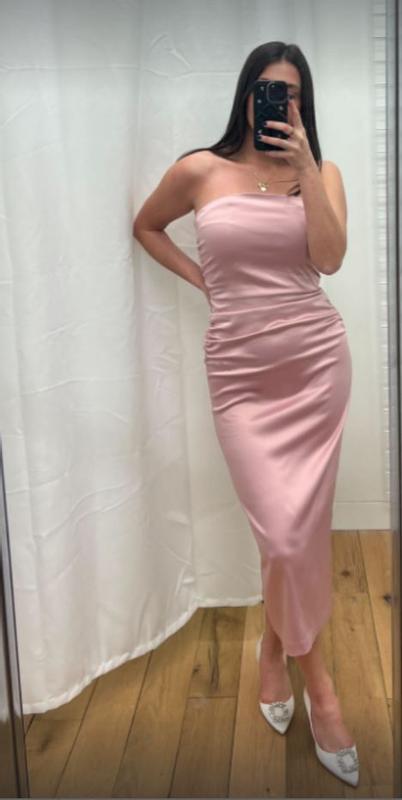 bhldn selena strapless stretch satin midi dress BHLDN Selena Strapless Stretch Satin Midi Dress