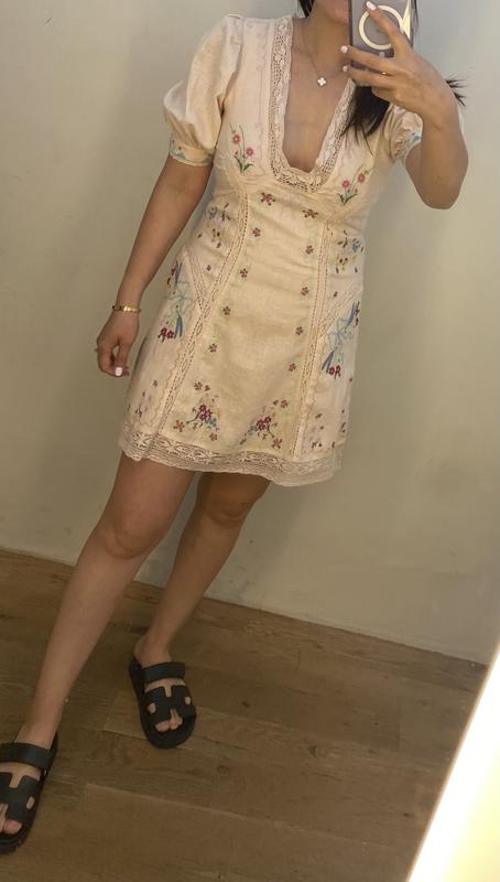 by anthropologie linen blend puff-sleeve v-neck mini dress Linen Blend Puff-Sleeve V-Neck Mini Dress