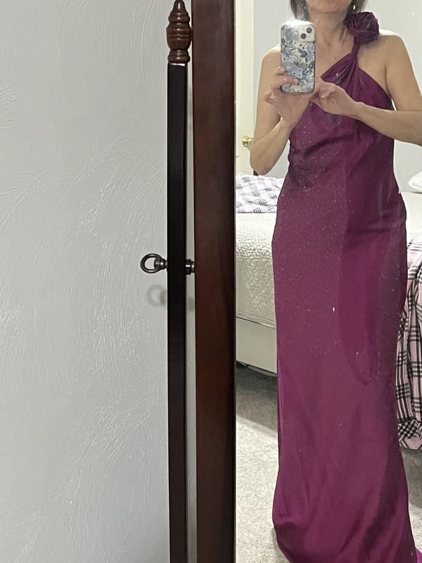 liv foster clara one-shoulder rosette satin a-line maxi dress Liv Foster Clara One-Shoulder Rosette Satin A-Line Maxi Dress