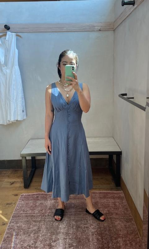 sebastien button front linen midi dress Reformation Sebastien Button Front Linen Midi Dress In Cornflower