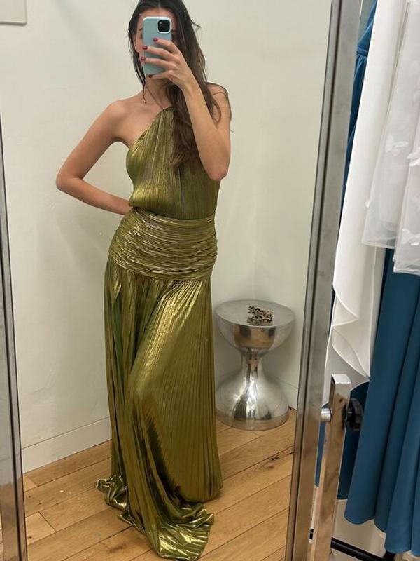 thalia dress in metallic peridot Retrofete Thalia Dress Metallic Peridot by Retrofete