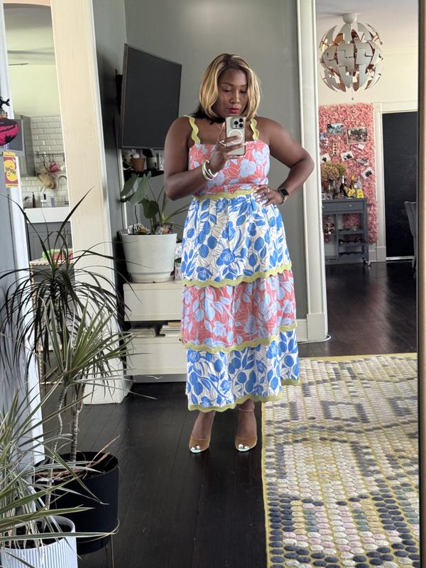 Farm Rio x Anthropologie Linen Blend Tiered Rickrack Midi Dress