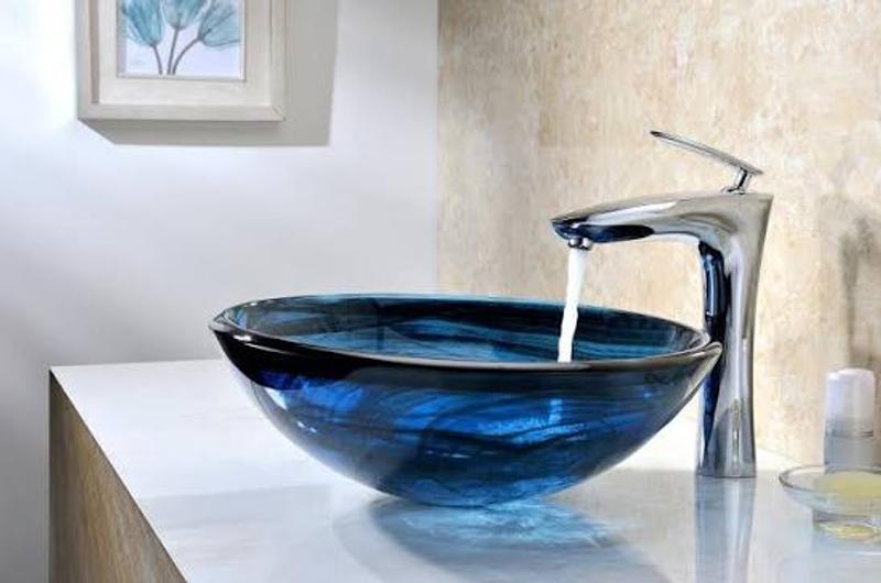 ANZZI Soave Tempered Glass Vessel Round Sapphire Wisp Bathroom